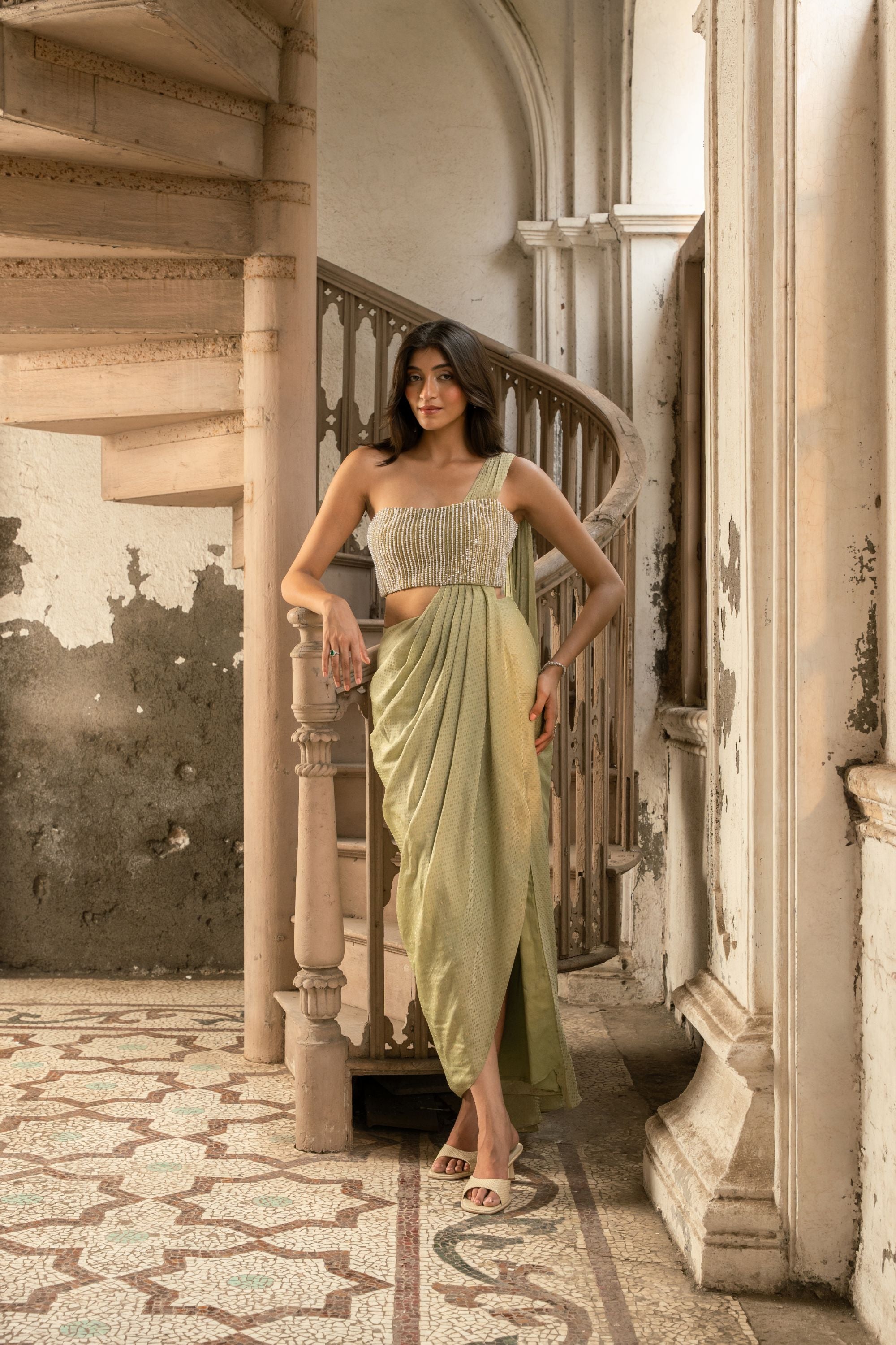 Olive Blossom Saree Gown