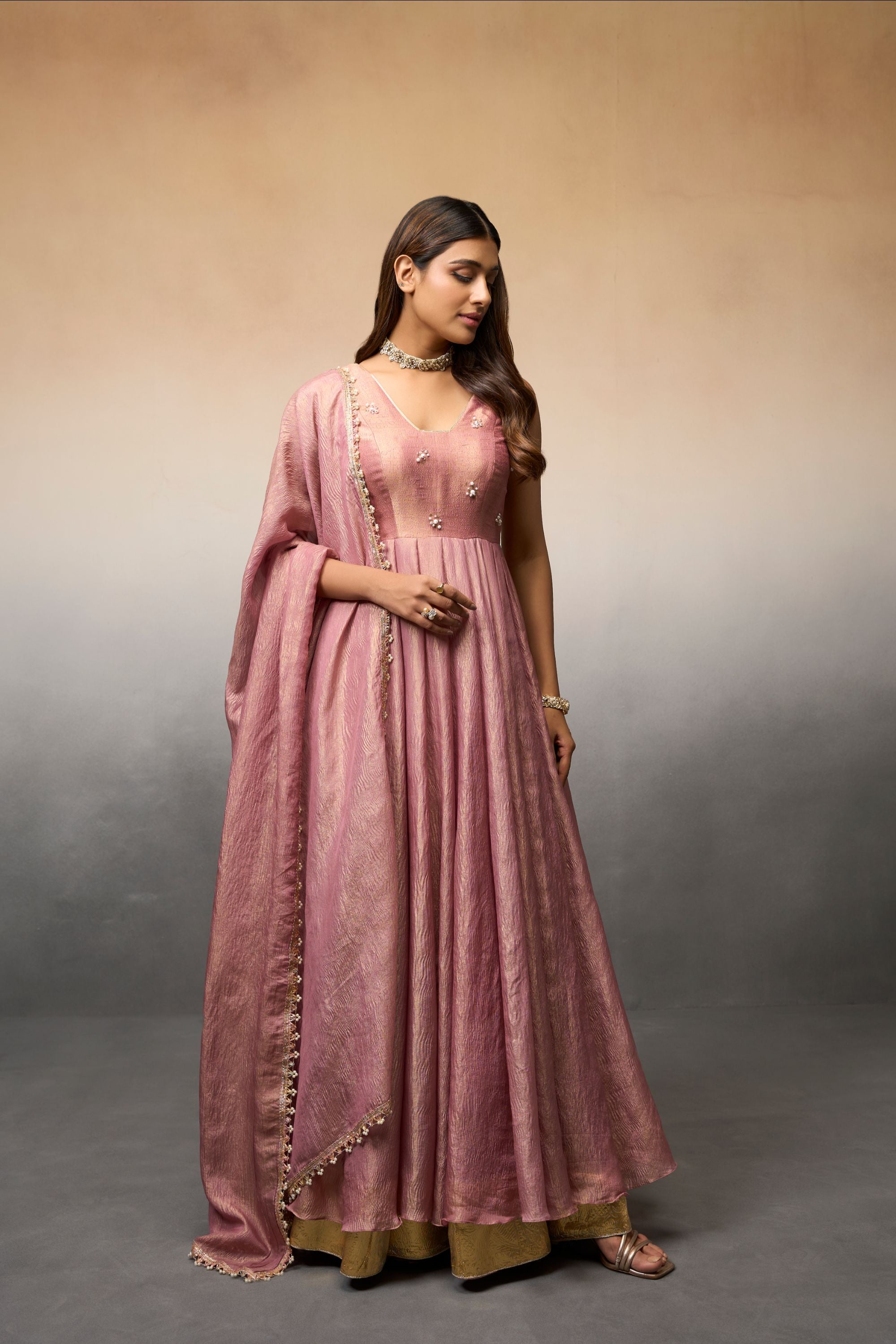 Dusty pink crush anarkali set