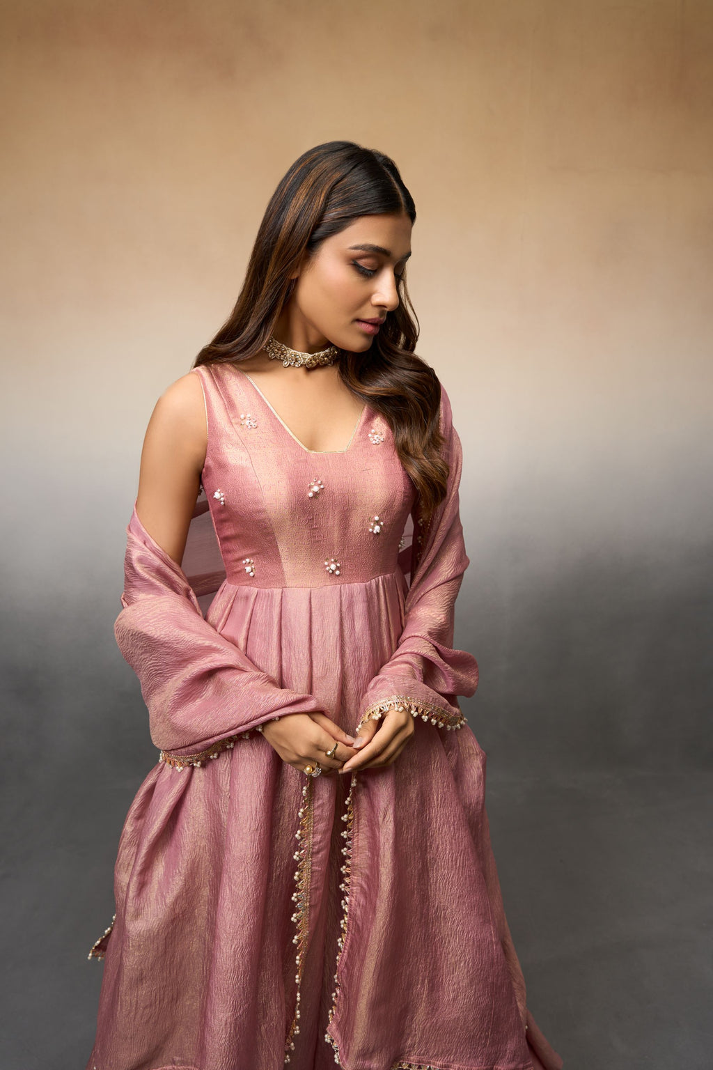 Dusty pink crush anarkali set
