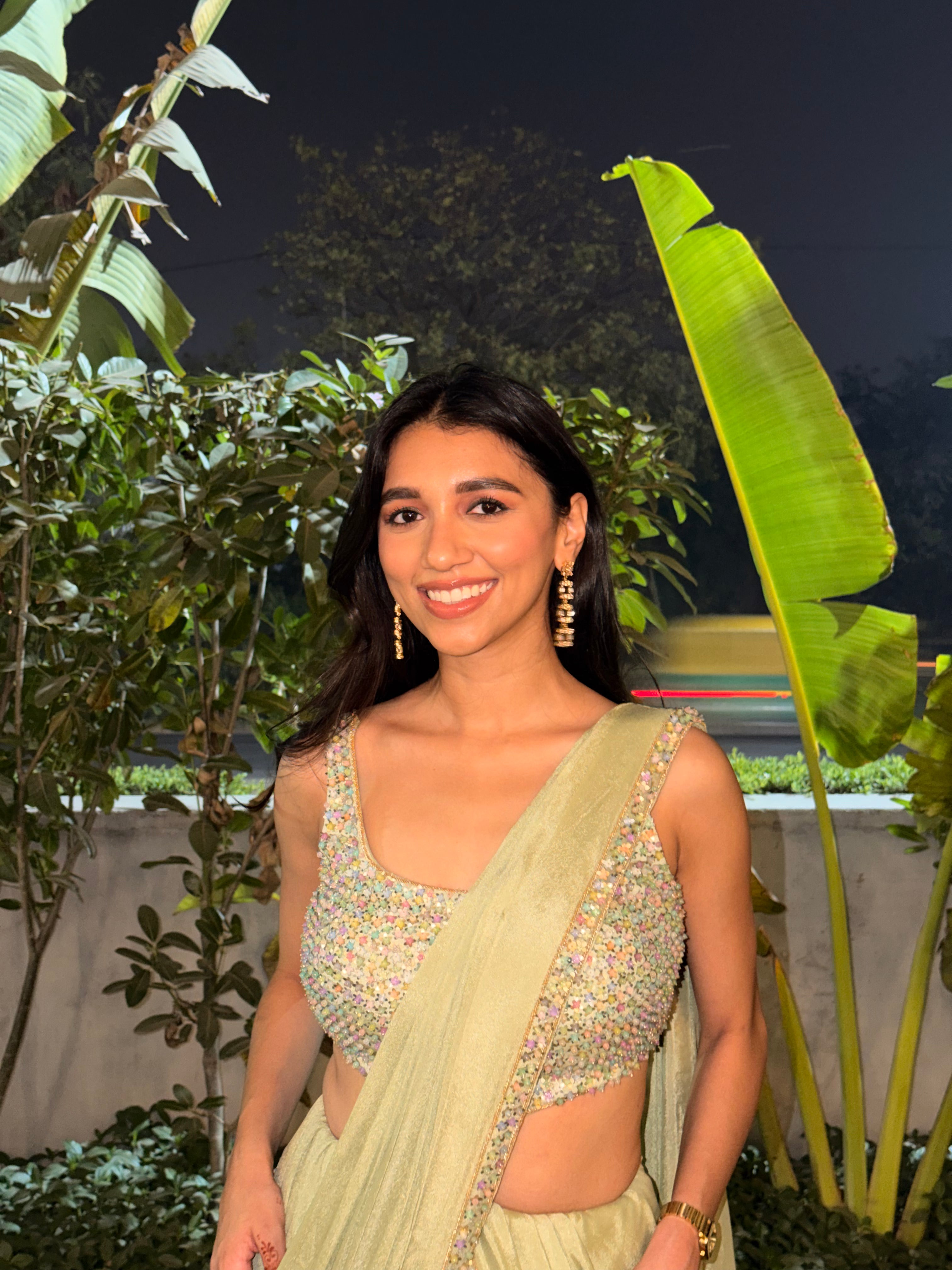 Priyanka Panchal in Sage Green Fishcut Saree