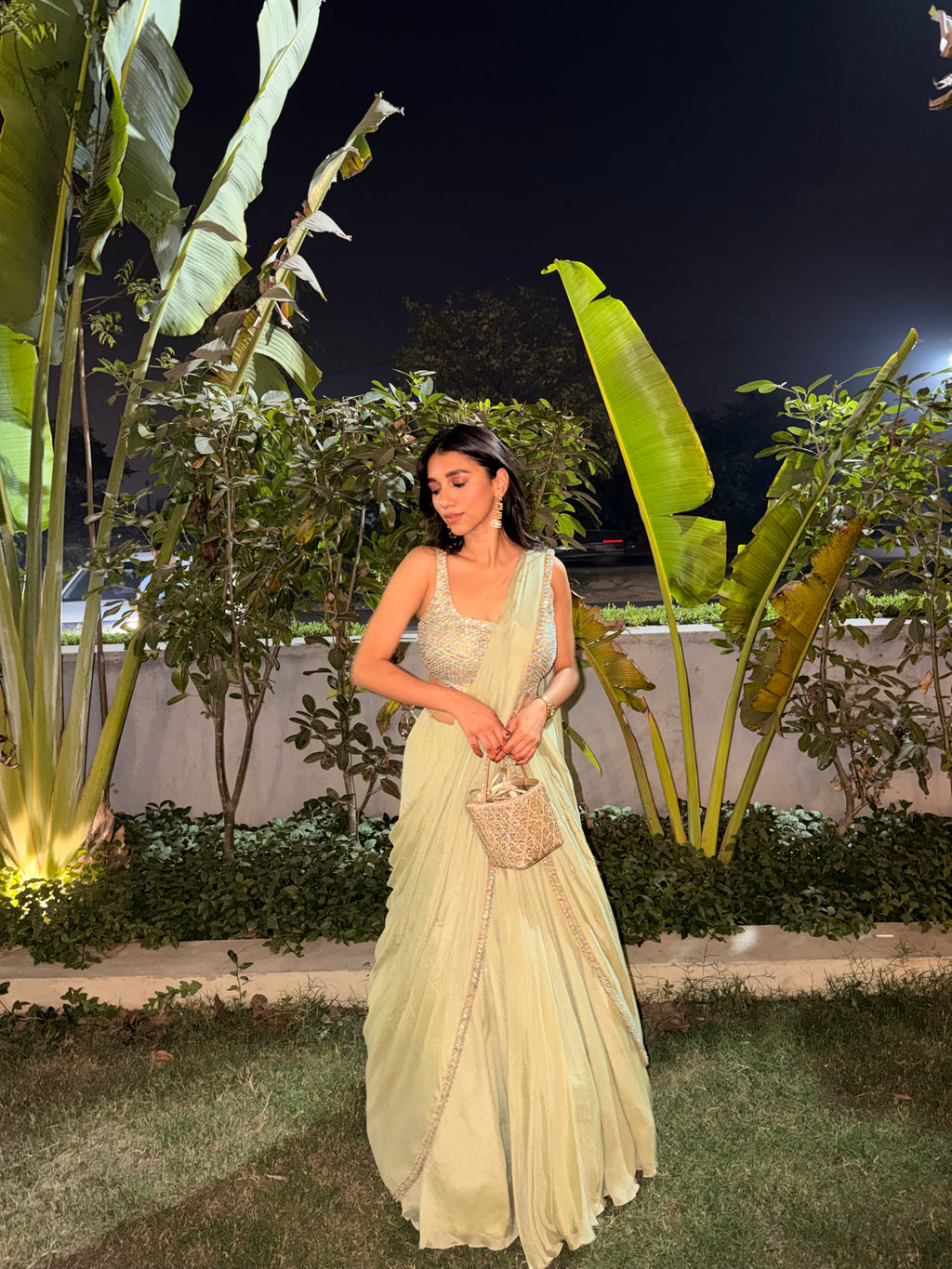 Priyanka Panchal in Sage Green Fishcut Saree